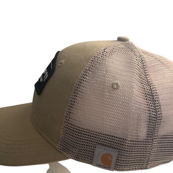 Carhartt Khaki Mesh Snapback Trucker Hat Logo Patch Cotton Blend Beige Black Cap - Picture 3 of 10